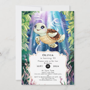Invitation Pastel Magique pour les enfants Tortue Anniversair