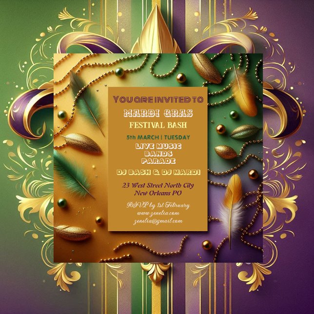 Invitation Pastel Mardi Gras Festival Plumes de Bain perle or (Pastel Mardi Gras Festival Bash Feathers Bead Gold Invitation)
