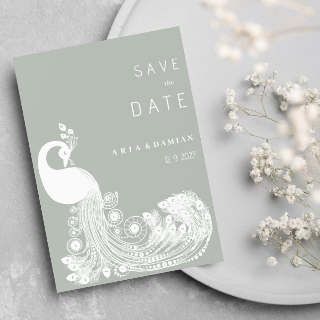 Invitation Pastel ment blanc paon royal chic Enregistrer la d (Pastel mint white royal peacock chic Save the Date)
