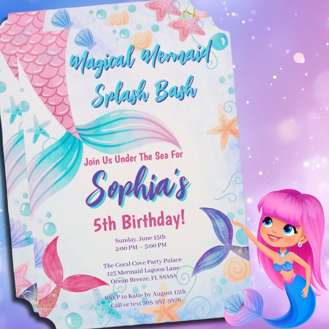 Invitation Pastel Mermaid Queue Aquarelle Anniversaire (Mermaid Splash Bash Birthday Invite for an Under the Sea Party that will be unforgettable )