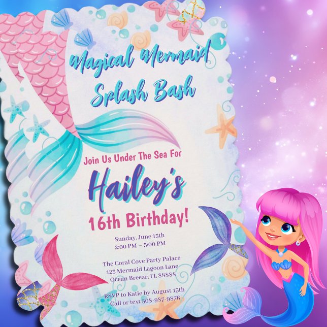 Invitation Pastel Mermaid Tails Aquarelle Anniversaire (Magical Mermaid Birthday Party Invitation)