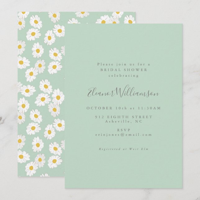 Invitation Pastel Mint Sage Green Daisy Flower Fête des marié (Devant / Derrière)
