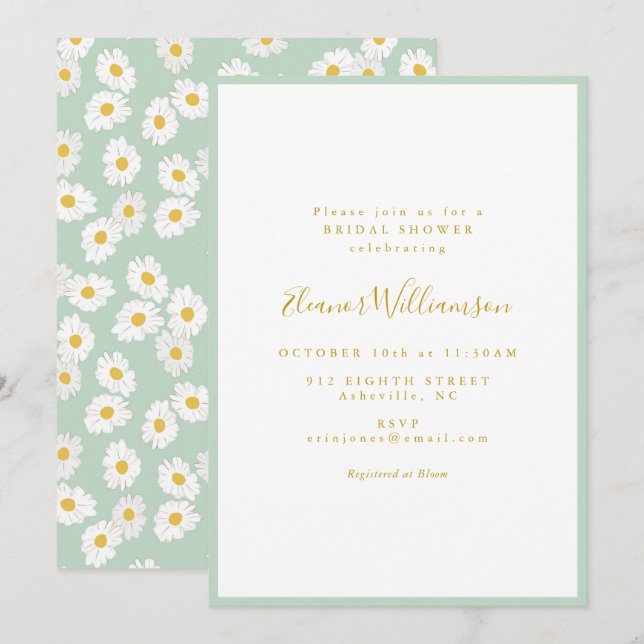 Invitation Pastel Mint Sage Retro Daisy Floral Bridal Shower (Devant / Derrière)
