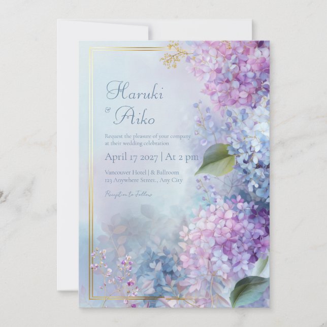Invitation Pastel Misty Hydrangea Gilded Gold Frame Wedding (Devant)