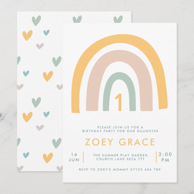 Invitation Pastel moderne Rainbow Girl's premier anniversaire (Devant / Derrière)