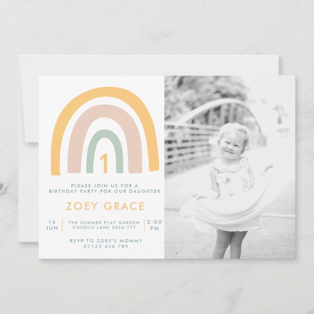 Invitation Pastel moderne Rainbow Photo Girl's First Birthday (Devant)