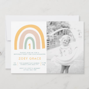 Invitation Pastel moderne Rainbow Photo Girl's First Birthday