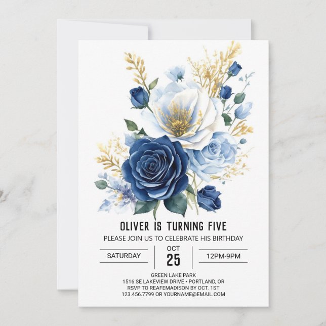 Invitation Pastel Navy Blue Floral Anniversaire (Devant)