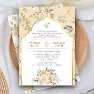 Invitation Pastel Peach Floral Anand Karaj Mariage Sikh