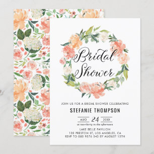 Invitation Pastel Peach Peonies Floral Wreath Fête des mariée