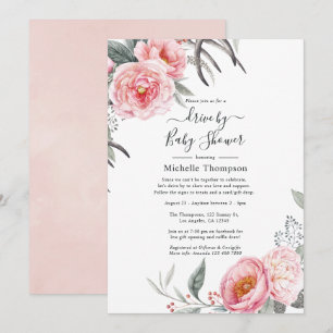 Invitation Pastel Pink and Grey Boho Floral Drive Par Douche