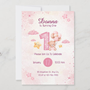 Invitation Pastel Pink Aquarelle Cute ours