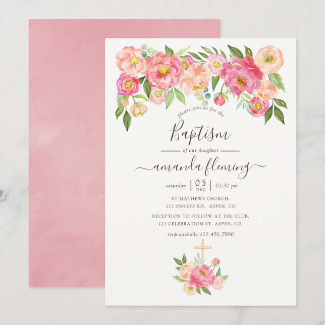 Invitation Pastel Pink Aquarelle Peonies Baptême (Devant / Derrière)
