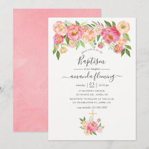 Invitation Pastel Pink Aquarelle Peonies Baptême