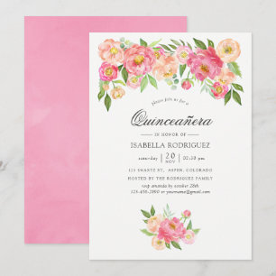 Invitation Pastel Pink aquarelle Peonies Quinceañera
