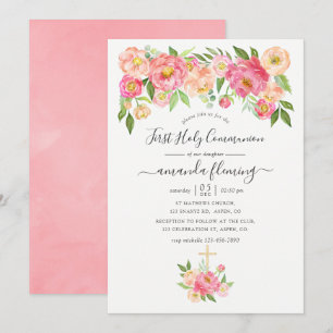 Invitation Pastel Pink Aquarelle Peonies Sainte Communion