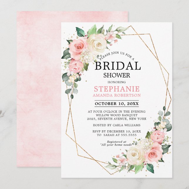 Invitation Pastel Pink Blush Rose Fête des mariées florale (Devant / Derrière)