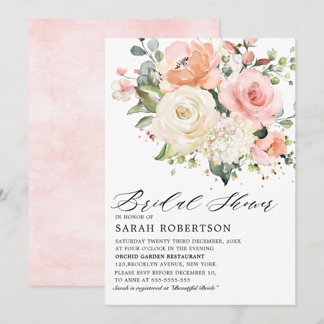 Invitation Pastel Pink Blush Rose Fête des mariées florale (Devant / Derrière)