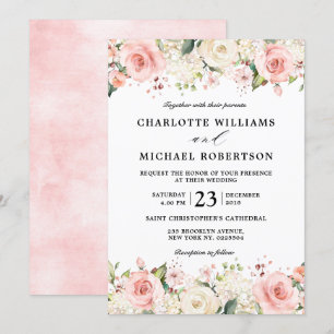 Invitation Pastel Pink Blush Rose Floral Mariage botanique