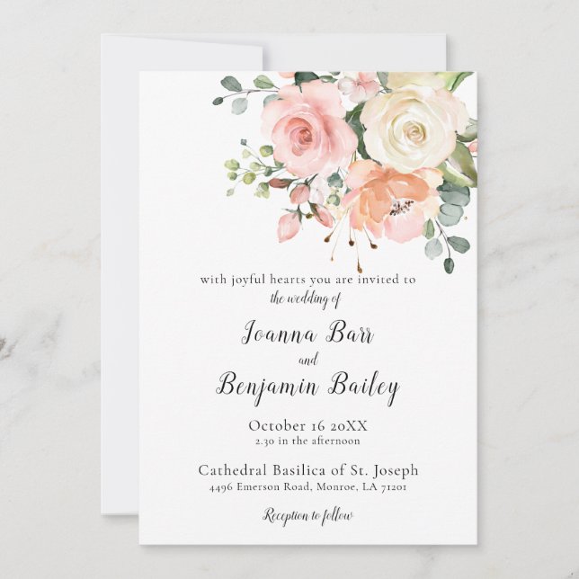 Invitation Pastel Pink Blush Rose Floral Mariage botanique (Devant)