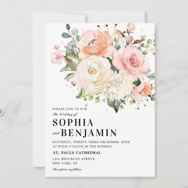 Invitation Pastel Pink Blush Rose Floral Mariage botanique (Devant)