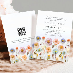 Invitation Pastel Pink Boho Fleur sauvage code QR Mariage