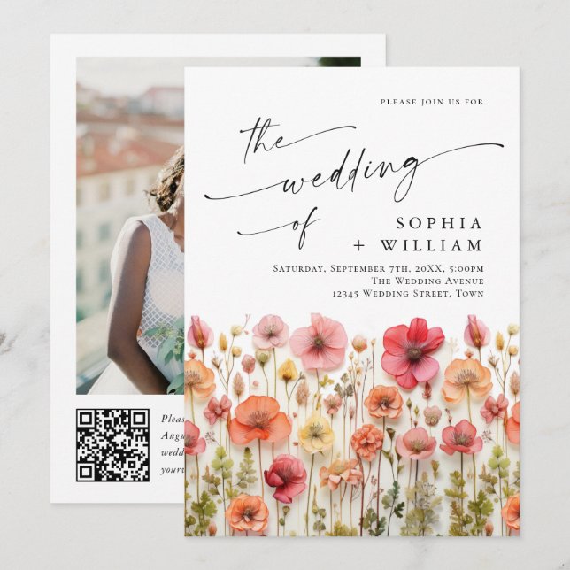 Invitation Pastel Pink Boho Fleur sauvage code QR Mariage Pho (Devant / Derrière)
