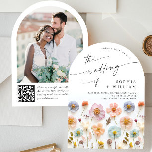 Invitation Pastel Pink Boho Fleur sauvage code QR Mariage Pho