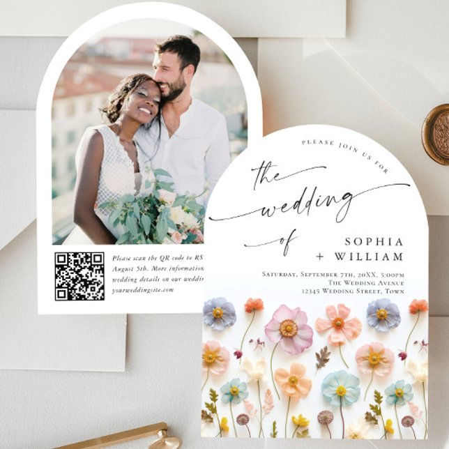 Invitation Pastel Pink Boho Fleur sauvage code QR Mariage Pho (Créateur téléchargé)