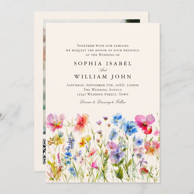 Invitation Pastel Pink Boho Fleur sauvage code QR Mariage Pho (Devant / Derrière)