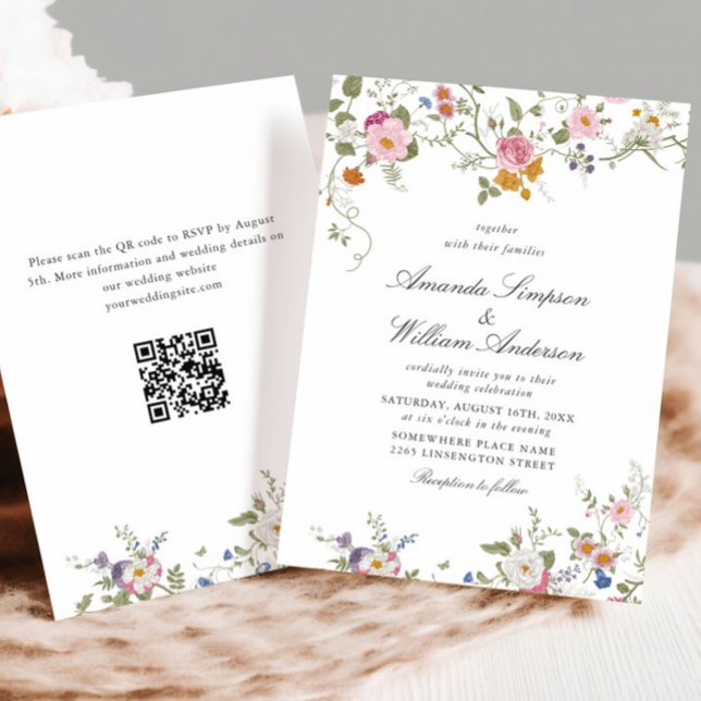 Invitation Pastel Pink Boho Floral Fleur sauvage Mariage QR (Créateur téléchargé)
