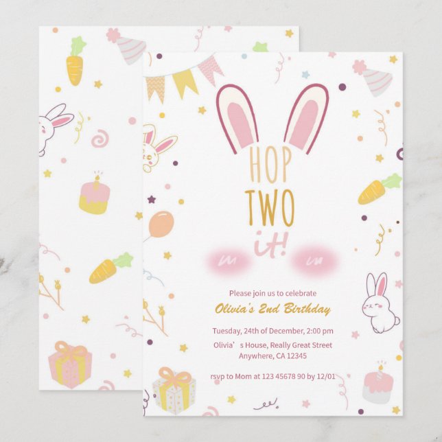 Invitation Pastel Pink Bunny 2e Birthday Hop Two It Invitatio (Devant / Derrière)
