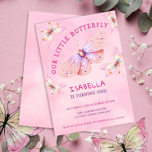 Invitation Pastel Pink Butterfly Theme Fille 1er anniversaire