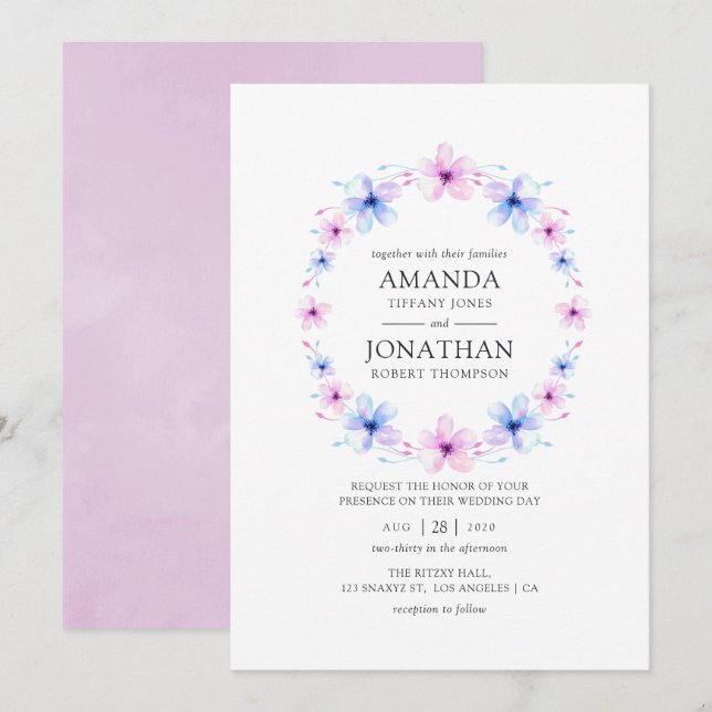 Invitation Pastel Pink et Blue Floral Mariage (Devant / Derrière)