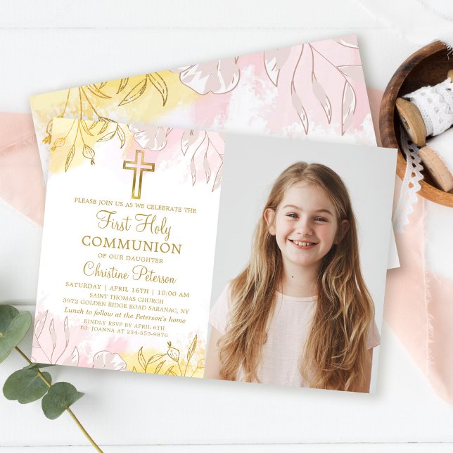 Invitation Pastel Pink Gold Floral First Holy Communion Photo (Créateur téléchargé)