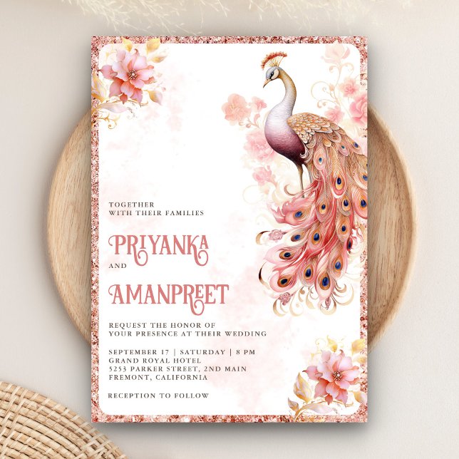 Invitation Pastel Pink Gold Floral Mariage indien Peacock (Créateur téléchargé)