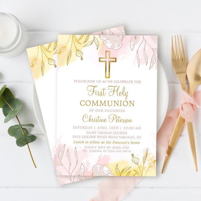 Invitation Pastel Pink Gold Floral Première Sainte Communion (Créateur téléchargé)