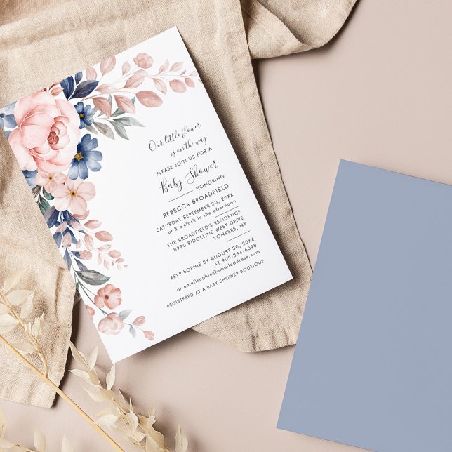 Invitation Pastel Pink Indigo Baby shower Floral Floral (Pink Floral Script Watercolor Baby Shower Invitation)