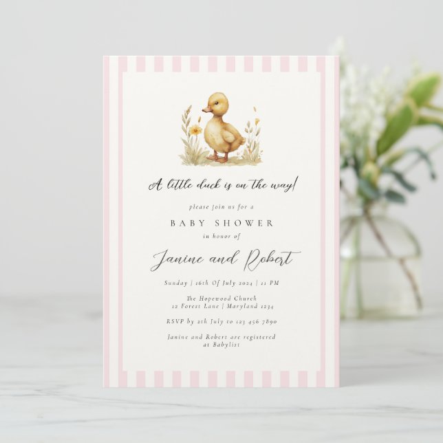 Invitation Pastel Pink Little Duck est sur le Baby shower Way (Debout devant)