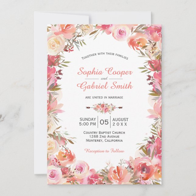 Invitation Pastel Pink Rose Floral Frame Mariage (Devant)