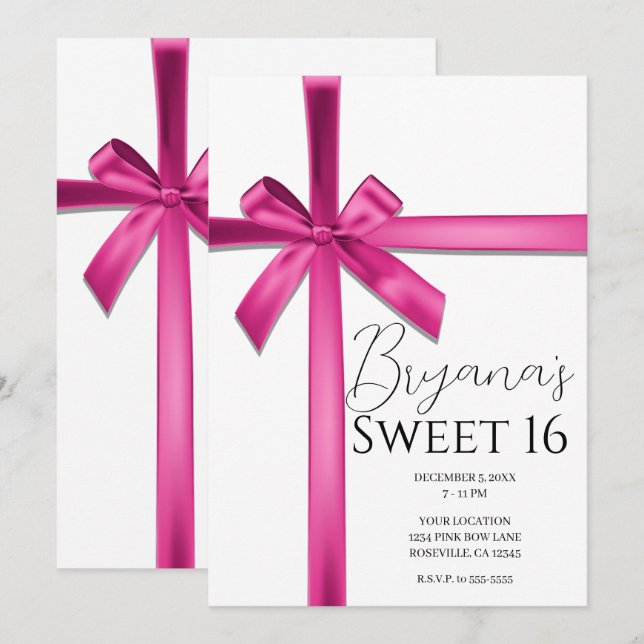Invitation Pastel Pink Satin Ribbon Bow Sweet 16 Party (Devant / Derrière)
