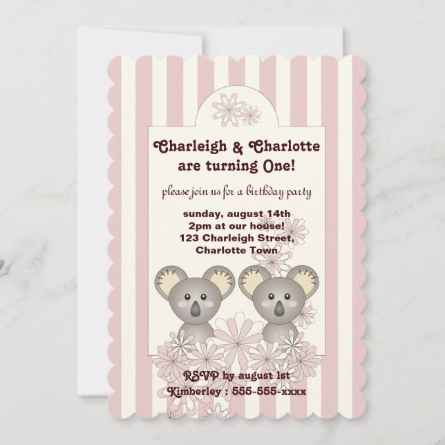 Invitation Pastel Pink Stripe Baby Koala Twin Girl Anniversai (Devant)