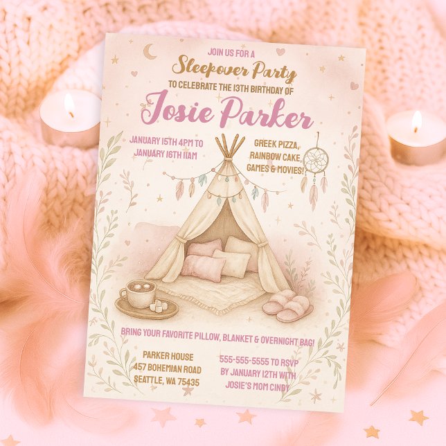 Invitation Pastel Pink Teepee Slepover fête d'anniversaire (Créateur téléchargé)
