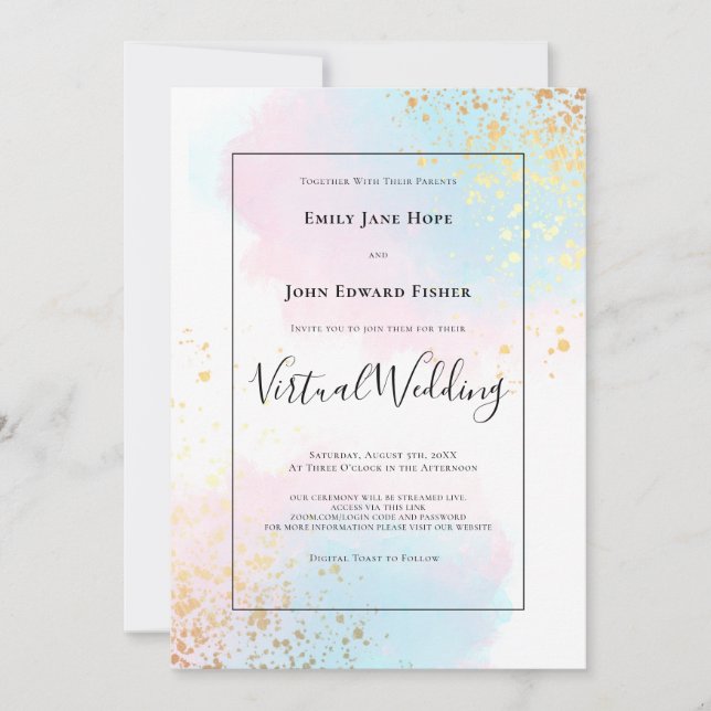 Invitation Pastel Pink Turquoise Aquarelle or Mariage virtuel (Devant)