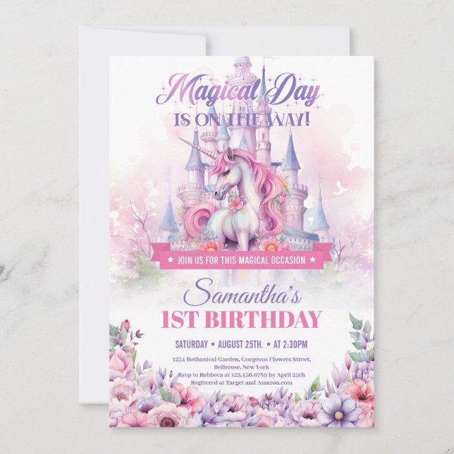 Invitation Pastel Pink Unicorn et Fairy Castle 1er anniversai (Devant)