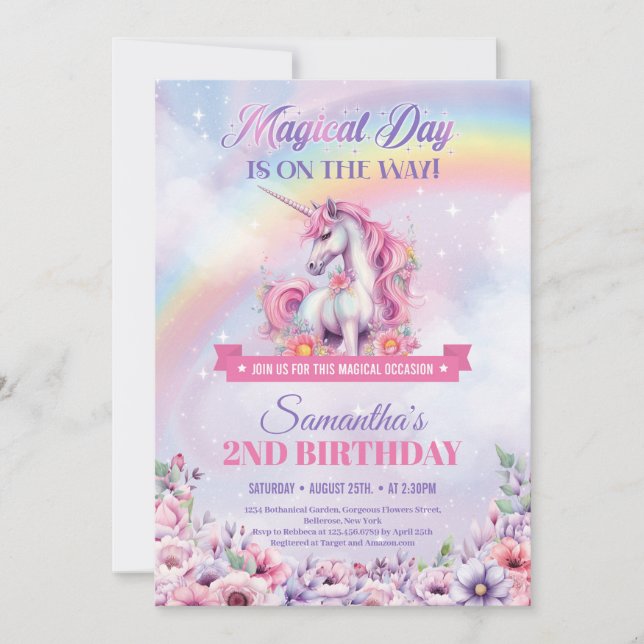 Invitation Pastel Pink Unicorn et Rainbows 2e anniversaire (Devant)