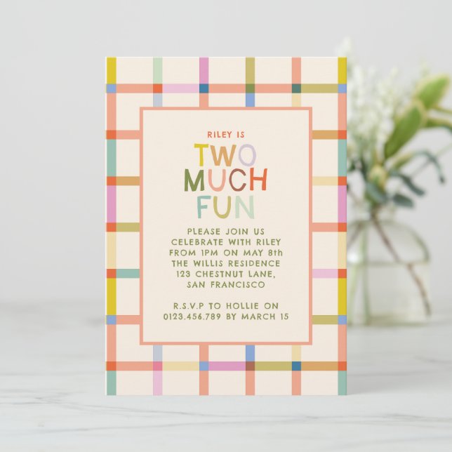 Invitation Pastel Plaid "Two Many Fun" 2ème photo d'anniversa (Debout devant)