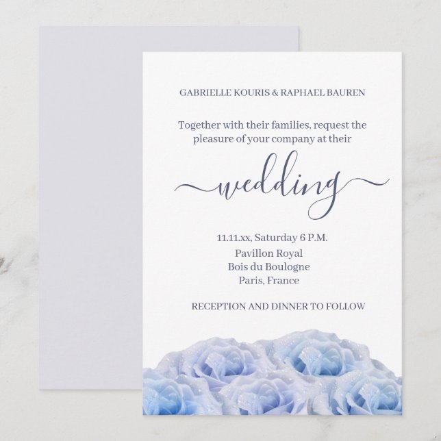 Invitation Pastel Purple Bleu Roses Élégant Mariage Floral (Devant / Derrière)
