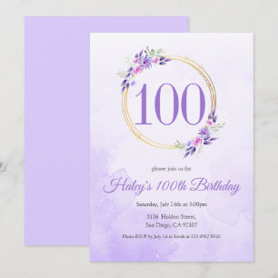 Invitation Pastel Purple Floral Golden Wreath 100e anniversai