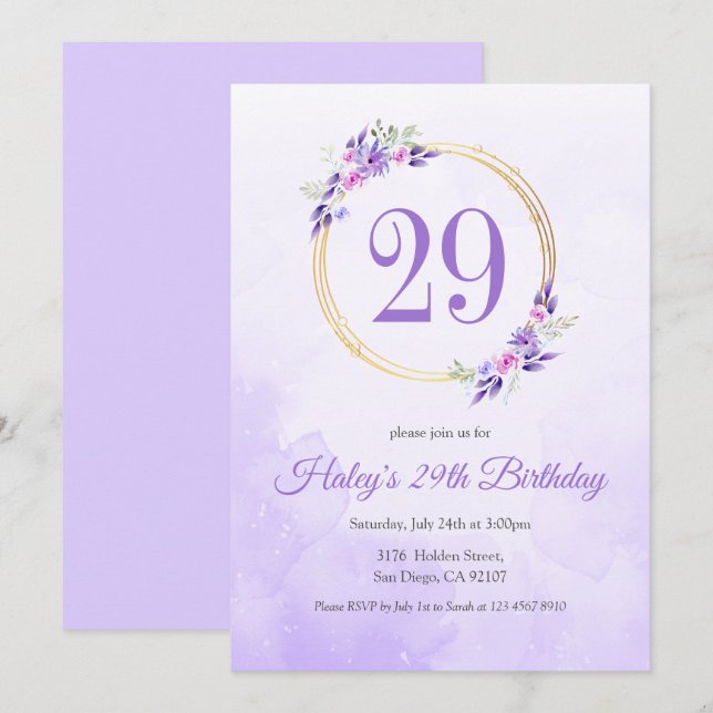 Invitation Pastel Purple Floral Golden Wreath 29e anniversair (Devant / Derrière)